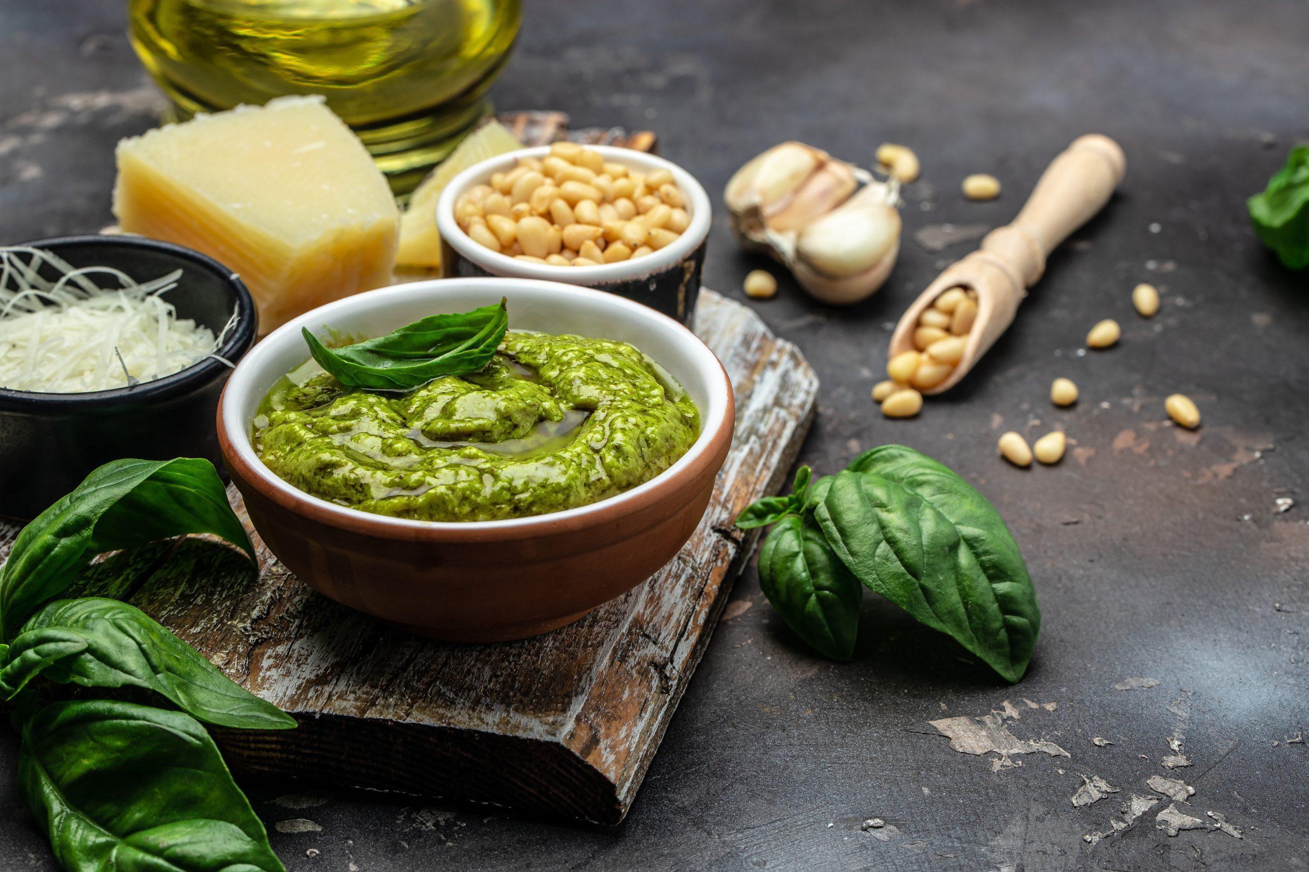 Bowl of Green Sauce with Basil and Nuts