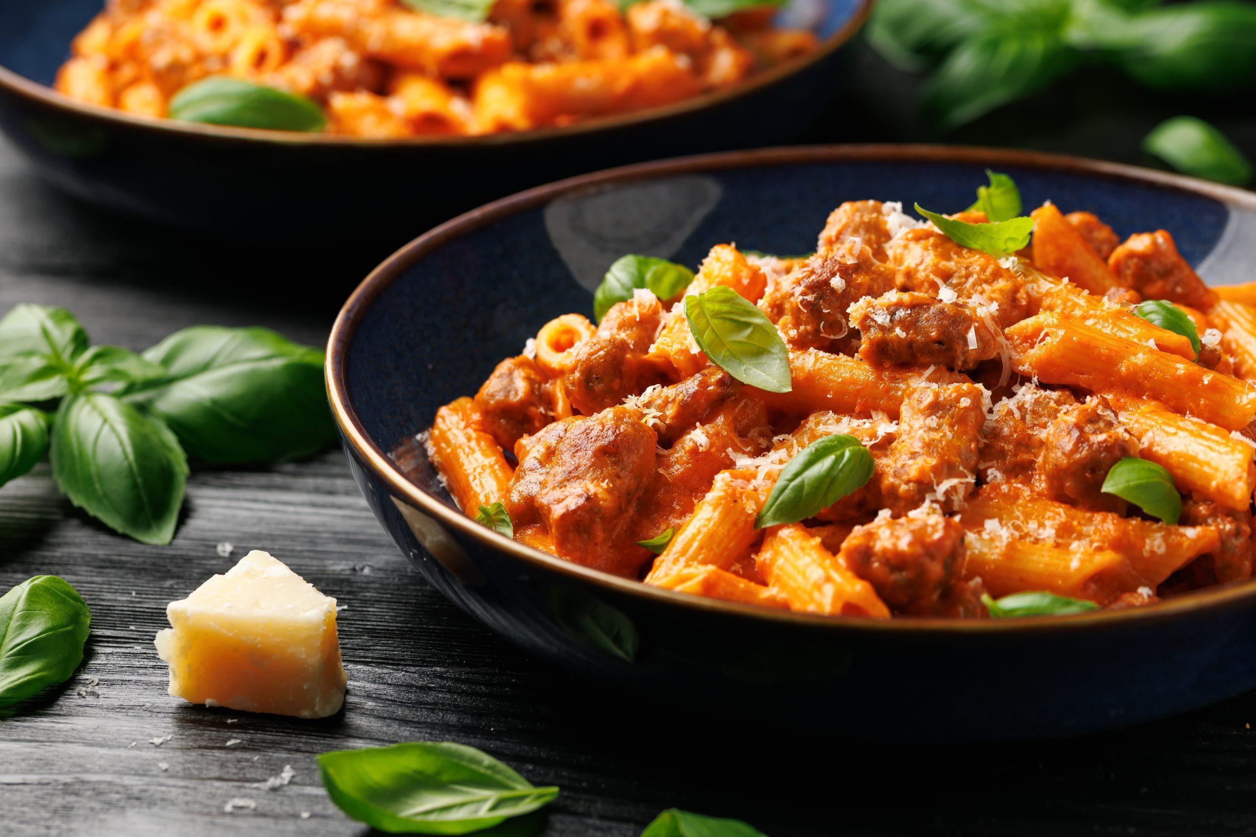 Pasta Dish with Meat and Fresh Basil